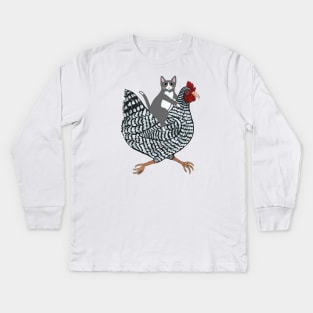 Grey Tuxedo Cat Chicken Ride! Kids Long Sleeve T-Shirt